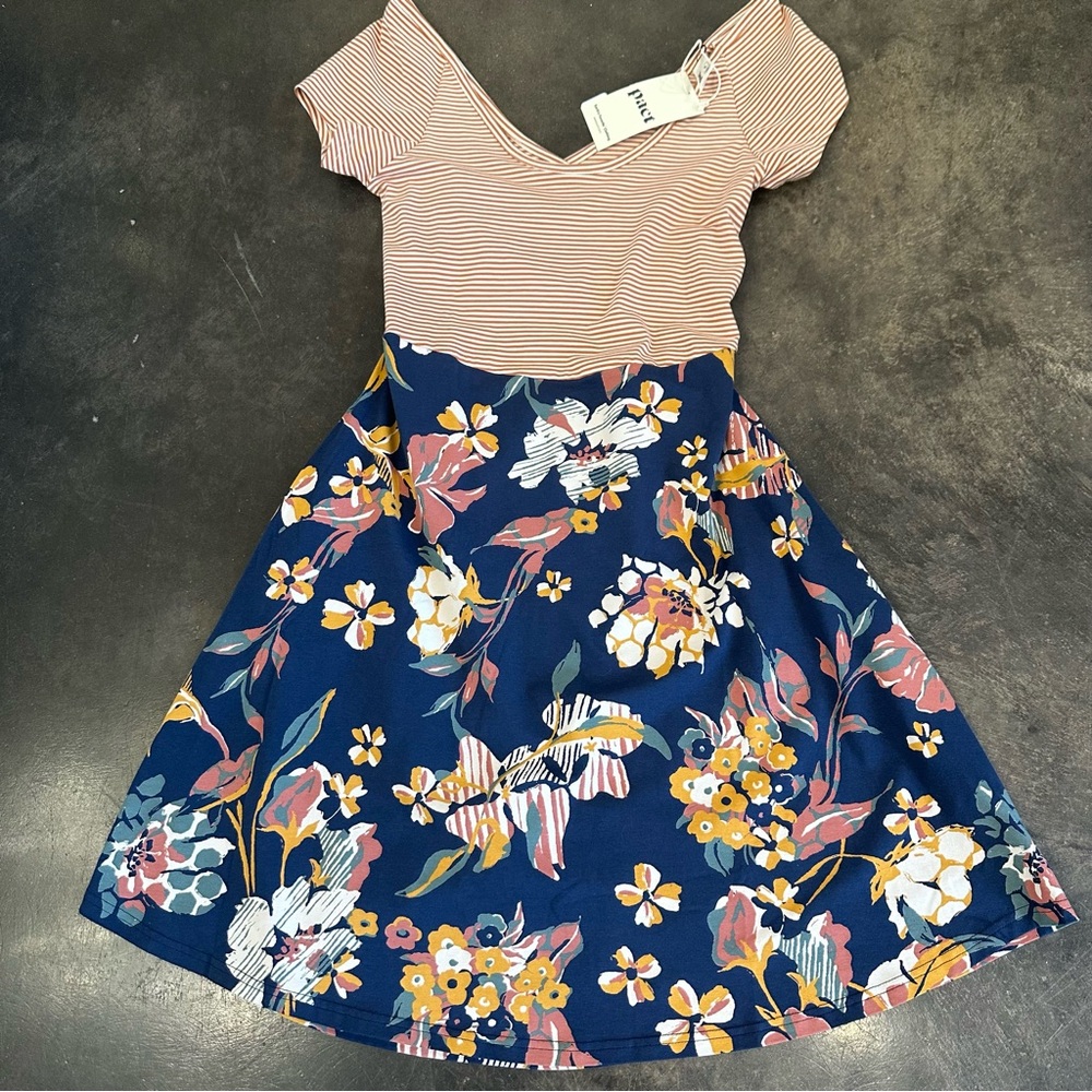 Pact Organic Cotton Stripes & Floral Cross Back Mini Dress With Pockets